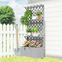 Outsunny 52L Wooden Planter, with Trellis and Shelves - Grey(m-9)