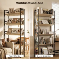HOMCOM Bookshelf 5-Tier Metal Frame Bookcase Storage Shelves for Living Room Oak(m-4)