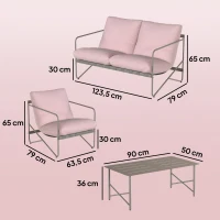 Outsunny Ensemble de jardin 4 personnes : Canapé, Fauteuils, Table, Métal, Rose(m-3)