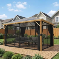 Outsunny Tonnelle de Jardin Pavillon Extérieur Aspect Bois Toit Rigide en Polycarbonate UV50+ Imperméable 398x298x262cm Naturel(m-10)