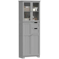 HOMCOM Meuble de salle de bain haut, meuble de rangement avec 4 portes dont 2 vitrées, 2 tiroirs et étagères réglables, gris(m-11)