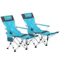 Outsunny Set of 2 Reclining Folding Camping Chair w/ Detachable Footrest, Storage Bag, Cup Holder & Headrest, Blue and Grey(m-1)
