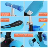 HOMCOM Trotinete 5 em 1 para Crianças com 3 Rodas Assento Removível e Guiador Ajustável Carga Máxima 50 kg 62x25x72,5 cm Azul(m-6)