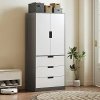 HOMCOM Armoire chambre penderie avec 2 portes à fermeture douce, 3 tiroirs et barre de suspension, 80x50x180cm, gris et blanc(m-10)