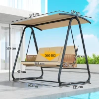 Outsunny 3 Seater Swing Chair with Adjustable Canopy, 360 kg Garden Swing Seat Outdoor Hammock Bench with Cushions, Sand Brown(m-3)