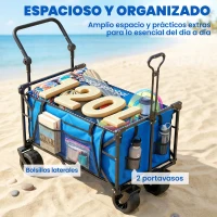 Outsunny Carro de Jardín Plegable con Ruedas Grandes Bloqueables Barra Ajustable Portavasos para Campaña 125x59x133 cm Azul(m-9)