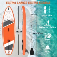 Outsunny Stand Up Paddle Gonflable Planche de SUP Pagaie Réglable Pompe et Sac 160kg pour Débutant et Famille 320x82cm Orange(m-3)