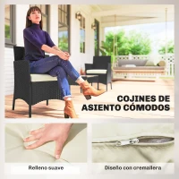 Outsunny Conjunto Muebles Jardín de Ratán Sintético con Sofá Sillones y Mesa de Vidrio Templado y Cojines Negro y Crema(m-6)