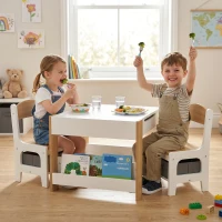 HOMCOM Three-Piece Kids Table and Chair Set with Blackboard, Storage, Bookshelves - Natural Wood(m-2)