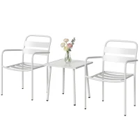 Outsunny Bistroset 3 teiliges Metall Gartenmöbel-Set mit 2 Gartenstühlen, Glastisch, Lamellen-Design, Rostbeständig(m-10)
