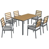 Outsunny Set giardino 7 pezzi con tavolo pranzo, 6 sedie e cuscini, Legno naturale(m-1)
