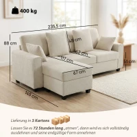 HOMCOM Ecksofa mit umkehrbarer Chaiselongue, 3-Sitzer Sofa mit Samtoptik, breite und tiefe Sitzfläche, Federkissen, Beige(m-3)