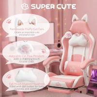 HOMCOM Cat Ear and Paw Reclining Office Chair, with Footrest - Pink/White(m-4)