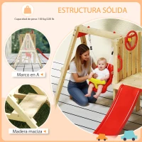 Outsunny Parque Infantil Exterior de Madera con Columpio Tobogán Volante Bocina Teléfono para Patio Césped Rojo y Natural(m-5)