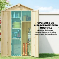 Outsunny Caseta de Jardín de Madera 93x53x168 cm Armario para Herramientas con 4 Estantes 3 Puertas y Ganchos Madera Natural(m-5)