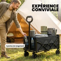 Outsunny Chariot de Transport Pliable 60L, Porte Arrière Rabattable, Roues Amovibles, Poignée Réglable, 71x45x86cm, Noir(m-8)