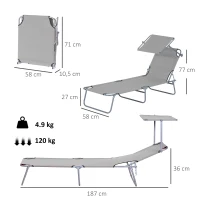 Outsunny Folding Sun Lounger with Canopy, Reclining Sunbed with 4-Position Adjustable Backrest, 600D Oxford Cloth, Portable Garden Lounger Recliner Chair for Beach, Camping, Patio, Light Grey(m-3)