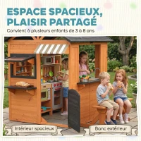 AIYAPLAY Cabane enfant extérieur en bois, maison enfant extérieur/intérieur avec cuisine de jeu, fenêtres, porte et banc, marron(m-7)