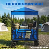 Outsunny Carro de Jardín Plegable con Ruedas Grandes Bloqueables Barra Ajustable Portavasos para Campaña 125x59x133 cm Azul(m-6)