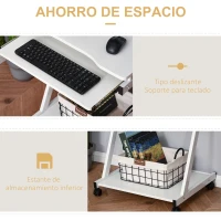 HOMCOM Mesa de Ordenador con Ruedas 60x48 cm con Bandeja Deslizante para Teclado y Estante Inferior Marco Metálico Blanco(m-5)