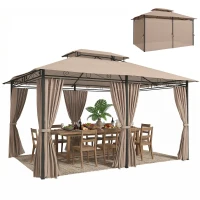 Outsunny Cenador para Jardín 3x4 m Pabellón de Jardín Gazebo con Doble Techo 6 Paredes Laterales Estructura Metálica Caqui(m-10)