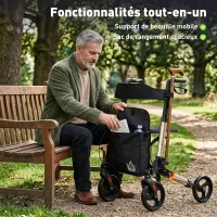 HOMCOM Déambulateur 4 Roues Pliable en Aluminium, Hauteur Réglable 6 Positions, Freins Doubles, Rangement, 64x67x92cm, Doré(m-4)