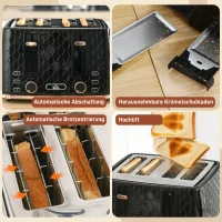 HOMCOM 4-Scheiben-Toaster mit 7 Bräunungsstufen, High-Lift, Aufwärmen/Auftauen/Abbrechen, 1860W, Schwarz mit Wabenstruktur(m-7)