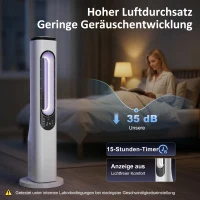 HOMCOM Rotorloser Turmventilator für Schlafzimmer, 35 dB leiser Standventilator mit 50° Oszillation, LED-Leuchten, 3 Geschwindigkeiten, 15-Stunden-Timer, Weiß(m-5)