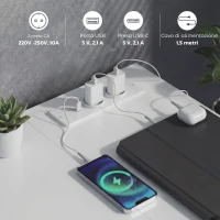 HOMCOM Scrivania Angolare a 6 Cassetti con Gancio Laterale e Prese Integrate, in Legno e Acciaio, 126x48x80 cm, Bianco(m-5)