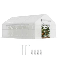 Outsunny Serre de jardin 4 x 3 x 2m avec portes enroulables et grandes fenêtres, serre tunnel de jardin, blanc(m-11)