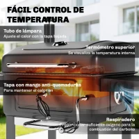Outsunny Barbacoa de Carbón Portátil con Bandeja y Ventilación Ajustable Gran Parrilla Estantes Laterales Termómetro y Ruedas(m-6)