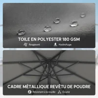 Outsunny Parasol de jardin extérieur rond Ø 3 x 2,5 m parasol droit inclinable Base et Poids Sable, nervure rétractable, Gris Foncé(m-7)