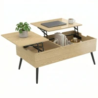 HOMCOM Mesa de centro elevable con doble tablero, mesa de salón con compartimento oculto y patas en metal, madera natural(m-6)