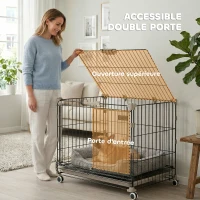 PawHut Cage pour Chien Pliable, Plateau Amovible, Roues avec Freins, Toit Ouvrant, Porte de Nourrissage, 60,5x45,5x54,5cm, Noir(m-6)