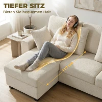 HOMCOM Ecksofa mit umkehrbarer Chaiselongue, 3-Sitzer Sofa mit Samtoptik, breite und tiefe Sitzfläche, Federkissen, Beige(m-8)
