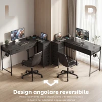 HOMCOM Scrivania Angolare a 6 Cassetti con Gancio Laterale e Prese Integrate, in Legno e Acciaio, 126x48x80 cm, Nero(m-4)