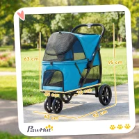 PawHut Carrito para Perros Plegable con 3 Ruedas Ventanas de Malla Cojín Lavable Todo Terreno Carga 20 kg 92x63x95 cm Azul(m-3)