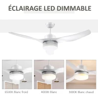 HOMCOM Ventilateur plafond avec lumière et télécommande 20,5 W, 6 vitesses 3 couleurs d'éclairage et minuterie, 132 cm, blanc(m-5)