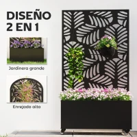 Outsunny Jardinera Exterior Grande con Ruedas Pantalla de Privacidad de Hojas de Monstera Marco Metal 90x30x160 cm Negro(m-4)