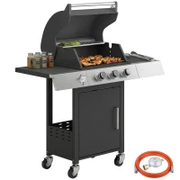 Outsunny Barbacoa de Gas con 3 Quemadores 8,1 kW Termómetro Parrillas Mesas Laterales Armario y Ruedas 109x50x109 cm Negro(m-10)
