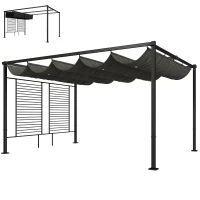 Outsunny Pérgola de Jardín 4x3 m con Techo Retráctil 2 Paneles de Privacidad UPF50+ Cenador de Jardín para Patio Exterior Gris(m-10)