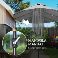 Outsunny Sombrilla de Jardín Doble 295x150x219 cm con Luces LED Solares Toldo con Inclinación Ajustable y Manivela Manual Gris(m-7)