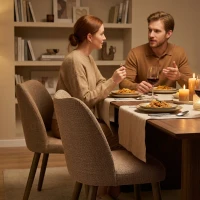 HOMCOM Dining Chairs Set of 2, Linen Upholstered Kitchen Chairs with Padded Seat, Curved Backrest, Rubberwood Legs, Brown(m-9)