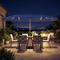 Outsunny Double Sided Garden Parasol with Base Included & 48 Solar LED Lights Patio Umbrella Crank Handle 4.6m Dark Blue(m-9)