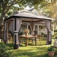 Outsunny 3 x 3.6 m Outdoor Garden Gazebo with Netting and Curtains, Double Roof Patio Gazebo Permanent Pavilion, Khaki(m-2)
