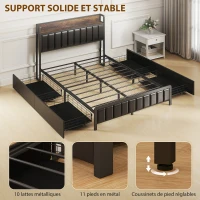 HOMCOM Cadre de lit 140 x 190 cm avec sommier à lattes en métal, lit double rembourré avec 4 tiroirs et étagère, noir(m-7)