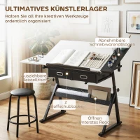 HOMCOM In hoogte verstelbare tekentafel, werktafel met kruk en lades, Wit(m-5)