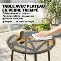 Outsunny Salon de Jardin Extérieur 3 Pièces en Résine Tressée, Table en Verre Trempé, 2 Fauteuils avec Coussins, 62x73x79cm, Kaki(m-7)