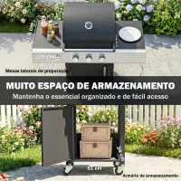 Outsunny Barbecue a Gás com 3 Queimadores 8,1 kW Termómetro Grelhas Mesas Laterais Armário e Rodas 109x50x109 cm Preto(m-7)