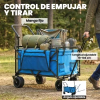 Outsunny Carro de Jardín Plegable con Ruedas Grandes Bloqueables Barra Ajustable Portavasos para Campaña 125x59x133 cm Azul(m-4)